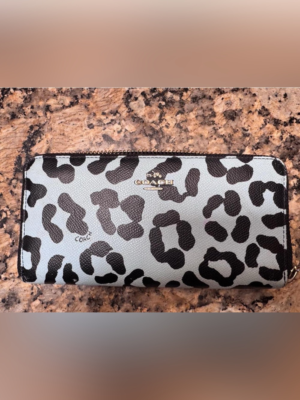 Coach Light Blue and Black Leopard Zip Wallet